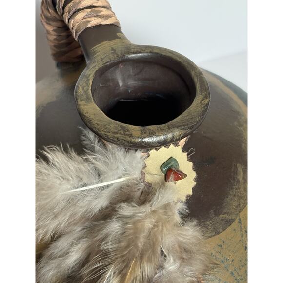 Hand Painted Ceramic Jug Indian Chief Leather Straps Feathers & Beads 7.5"H - Picture 10 of 16